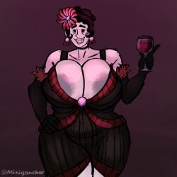 1girls black_hair chubby chubby_female don't_starve_(series) don't_starve_together drunk huge_ass huge_breasts lipstick milf minigonchar mommy_milkers nipples_outside no_background roaring short_hair smilling solo solo_female strong_female strong_woman thick_thighs thong tight_clothing tight_dress video_games white_skin wine wine_glass winona_(don't_starve_together)