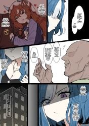 1boy 1girls admire_groove_(umamusume) beauty_mark big_breasts blue_hair chubby_male comic comic_page dark-skinned_male fat_male horse_ears horse_girl hotel kumiyabe light-skinned_female netorare ntr old_male older_male older_male_and_younger_female still_in_love_(umamusume) ugly_bastard umamusume white_hair