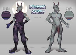 abs anthro arm_belt army army_uniform balls belt biceps blue_eyes boots bottomwear breasts canid canine canis claws clothed clothing costume digital_media_(artwork) digitigrade domestic_dog electronics footwear fur genitals gloves grey_body handwear headphones hi_res humanoid_genitalia leg_belt looking_at_viewer male mammal military model_sheet muscular muscular_anthro muscular_male nipples nude pants pecs penis pharaoh_hound primitive_dog scarlet_side shoes simple_background sleeveless_shirt soldier solo tail warrior