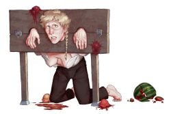 april_fools'_day blonde_hair calendar_(medium) digital_drawing_(artwork) digital_media_(artwork) edward_the_simple fool fruit fruit_juice gynecomastia hazel_eyes humiliated humiliated_male humiliating humiliation implied_audience innocent innocent_expression looking_up looking_up_at_viewer male male_only mouth_open mr_shrink original original_character pillory pillory_stocks png public public_exposure public_humiliation public_indecency shirt_open shirt_unbuttoned shocked solo solo_male surprised surprised_expression surprised_face tomato transparent_background vulnerable vulnerable_pose watermelon wide_eyed