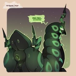 1:1 2026 animal_genitalia animal_vulva anus arthropod cold-blooded-twilight english_text equine_genitalia equine_vulva female friendship_is_magic generation_5_pokemon genitals green_anus green_body green_eyes green_skin green_speech_bubble hasbro hi_res humor looking_back my_little_pony nintendo pokemon pokemon_(species) pokemon_speak puffy_anus pupils queen_chrysalis_(mlp) scolipede signature simple_background skin_pattern slit_pupils smile smirk solo speech_bubble text vulva