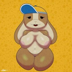 1:1 absurd_res anthro areola baseball_cap big_breasts big_ears black_eyes breasts brown_body brown_fur buckteeth clothing eyelashes female floppy_ears front_view fur genitals hat headgear headwear hi_res how_to_be_cool huge_breasts krattgg lagomorph leporid lop_ears mammal navel nipples nude open_mouth open_smile peeb_(piemations) pink_areola pink_nipples rabbit simple_background smile solo tan_body tan_fur teeth thick_thighs vulva wide_hips yellow_background