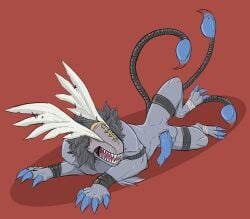 animal_genitalia animal_penis bandai_namco blue_genitals championwhoops_(artist) digimon digimon_(species) eyeless feral genitals hi_res male manticoremon multi_tail penis solo tail