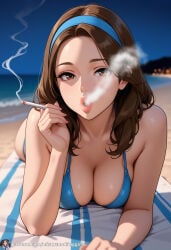ai_generated beach beach_background beach_towel bikini bikini_top blowing_smoke cigarette cigarette_in_hand cigarette_smoke exhaling_smoke hairband long_hair lying_on_stomach medium_breasts pov_eye_contact seductive seductive_eyes seductive_look seductive_mouth sexy sexy_pose smoke_from_mouth smoking smoking_cigarette smoking_fetish solo_female