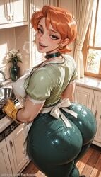1girl ai_generated apron ass backdoorsenpai big_ass black_eyes blush breasts collar curvy dexter's_laboratory dexter's_mom earrings egao female_focus green_pants green_shirt green_shoes heavy_breathing high_heels huge_ass looking_at_viewer lying mature_female medium_breasts naughty_face naugty_eyes on_back open_mouth orange_hair perky_breasts portrait short_hair short_sleeves solo sweat thick_thighs thighs white_apron wide_hips yellow_gloves