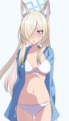1girl absurdres animal_ear_fluff animal_ears artist_request bikini bikini_under_clothes blue_archive blue_background blue_eyes blue_jacket blush brown_hair commentary_request dog_ears groin hair_over_one_eye halo highres hood hooded_jacket jacket jacket_over_swimsuit kanna_(blue_archive) long_hair navel open_clothes open_jacket sharp_teeth side-tie_bikini_bottom simple_background solo swimsuit teeth very_long_hair white_bikini