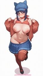 1girl 2026 ai_generated artist_name blush boobs breasts bust cappie_(miside) chest cool_mita_(miside) exposed_nipples gradient gradient_background hi_res high_quality highres miside mole navel nipples nipples_outside open_clothes patreon patreon_username pinkname shoes skirt solo thighhighs tits watermark