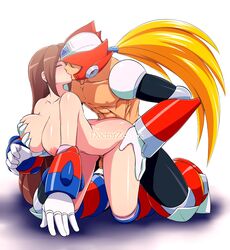 1boy 1girls android areolae armor beret blonde_hair blush boots breast_grab breast_squeeze breasts brown_hair capcom closed_eyes clothed_sex couple deep_skin erect_nipples female footwear gloves hair hat headwear_removed helmet helmet_removed highres huge_breasts iris_(mega_man) kissing kneeling knees large_areolae large_breasts leg_lift legs legwear long_hair male mega_man mega_man_x navel nipples open_mouth penis ponytail pussy sex shiny shiny_skin spread_legs straight sweat teeth tied_hair tongue uncensored white_gloves wince zero_(mega_man) zexxck