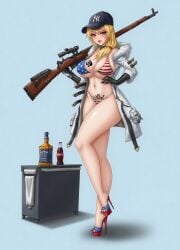 1girls alcohol american_flag_bikini ammo_box baseball_cap belly_tattoo bimbo bimbofication blonde_hair blue_eyes breasts coat coca-cola cola collar girls'_frontline gun high_heel_sandals high_heels jack_daniel's large_breasts mosin-nagant mosin-nagant_(girls'_frontline) platform_heels pubic_tattoo qos queen_of_spades side_ponytail slut_tattoo soda soda_bottle thick_thighs toenail_polish weapon wide_hips