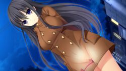 aoi_suzuka black_hair blue_eyes censored coat game_cg kagura_yuu long_hair otonari_koi_sensou! sugar_house tagme vibrator x-ray