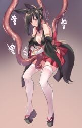 ! !! 1girl animal_ear_fluff animal_ears bare_shoulders black_hair black_sleeves breasts cleavage clothing_cutout detached_sleeves extra_ears fingerless_gloves fox_ears fox_girl fox_tail full_body gloves hakama hakama_short_skirt hakama_skirt hip_vent imminent_penetration imminent_rape japanese_clothes original panties restrained sawaya_(mizukazu) shoes side-tie_panties side-tie_peek side_cutout skirt solo suspension tail tentacles thighhighs underwear white_gloves white_thighhighs