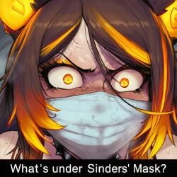 1girl absurdres ai_generated anime_style blush brown_hair bustybunz close-up commentary_request cum_under_mask furrowed_brow highres horns long_hair looking_at_viewer multicolored_hair nude orange_eyes orange_hair shoulders sinder_(vtuber) solo stray_pubic_hair surgical_mask sweat sweatdrop tagme wide_eyes yellow_eyes
