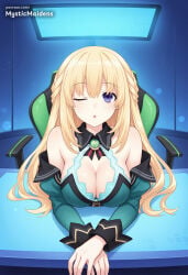 1girl ;o ai_generated anime anime_style bare_shoulders blonde_hair blue_eyes blush braid breasts chair cleavage cpu_(neptunia) desk detached_sleeves dress green_heart_(neptunia) hentai hi_res hyperdimension_neptunia large_breasts long_hair long_sleeves looking_at_viewer mystic_maidens neptunia_(series) one_eye_closed open_mouth patreon sitting solo upper_body vert vert_(neptunia)
