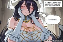 1girl ai_assisted ai_generated albedo_(overlord) closed_eyes english_text fatest_squirrel hand_on_own_face large_breasts overlord_(maruyama) smile wavy_mouth