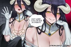1girl ai_assisted ai_generated albedo_(overlord) bedroom english_text fatest_squirrel full-face_blush grin hand_on_own_face large_breasts open_mouth overlord_(maruyama) slit_pupils stone_wall yellow_eyes