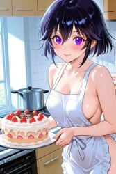apron bishoujo_senshi_sailor_moon black_hair cake hotaru_tomoe medium_hair naked naked_female purple_eyes sailor_saturn strawberry_cake white_apron