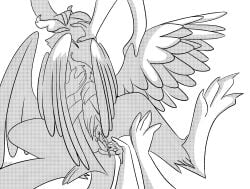 absurd_res ambiguous_gender anthro avian biped bird bird_dragon black_and_white bodily_fluids cum cum_inside disembodied_hand english_text feathered_wings feathers female female/ambiguous genital_fluids hi_res hybrid monochrome nude one_rttdklwn open_mouth screentone solo tail text the_long_quiet_(slay_the_princess) the_shifting_mound_(slay_the_princess) wings