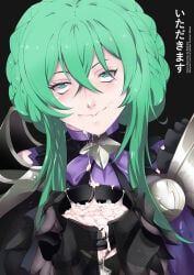 1girls character_request clothed cum cum_in_mouth drinking_cum fellatio female fire_emblem fire_emblem:_fortune's_weave large_breasts light-skinned light-skinned_female light_skin pubic_hair pubic_hair_in_mouth rokkakkei swallowing_cum tagme