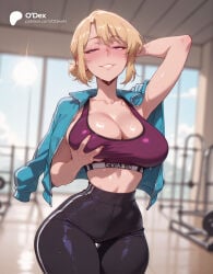 1girl 1girls absurd_res absurdres ai_generated arm_behind_head arm_up armpits ass big_ass big_breasts black_pants blonde_hair blue_jacket blurred_background blurry blurry_background blush breasts cartoon cartoony cha_hae-in cha_hae_in cleavage collarbone cowboy_shot depth_of_field female female_focus grabbing grabbing_own_breast grin gym hair_bun half-closed_eyes hi_res high-waist_pants high_quality high_resolution highres indoors jacket jacket_on_shoulders large_ass large_breasts looking_at_viewer naughty_face odexai open_clothes open_jacket pants parted_lips pink_sports_bra purple_eyes short_hair sky small_waist smile solo solo_focus solo_leveling sports_bra standing straight sweat thick_thighs thigh_gap thighs thin_waist tight_clothes track_jacket wide_hips yoga_pants