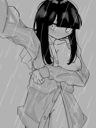 1girls artist_request blunt_bangs breasts buttons closed_mouth expressionless grey_background greyscale inabakumori jitome large_breasts looking_at_viewer monochrome mv_character nipples one_breast_out osage-chan pussy rain raincoat selfie simple_background solo thighs wet wet_clothes
