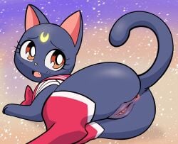 anus black_body bottomless butt butt_focus clothed clothing crescent_moon domestic_cat eyelashes felid feline felis female female_feral feral fur genitals hi_res legwear looking_back luna_(sailor_moon) lying mammal moon open_mouth partially_clothed raised_tail rear_view sailor_moon_(series) sailor_uniform solo squigglydraws tail uniform vulva