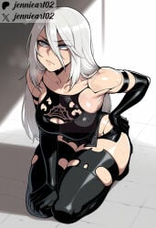 1girl a2_(nier:automata) ai_generated android bare_shoulders black_gloves black_thighhighs blue_eyes breasts cleavage closed_mouth clothing collarbone elbow_gloves english_text female gloves hair_between_eyes hand_on_own_hip hand_on_own_knee jennieart02 joints kneeling large_breasts legwear long_hair mole mole_under_mouth nier:_automata nier_(series) no_blindfold patreon patreon_logo patreon_username robot_joints seiza shorts sitting solo sweat thick_thighs thighhighs thighs twitter twitter_username watermark white_hair