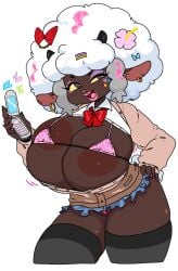 1girl 2d_(artwork) 2d_artwork afro animal_ear_piercing anthro areola areola_slip big_areola big_hair bovid bovine bow bowtie bra breasts cardigan cassettedream cellphone clothing collared_shirt colored_sclera dark-skinned_female dark_areola dark_nipples dark_skin digital_media_(artwork) dream-cassette earrings female flower flower_in_hair furry furry_female ganguro gigantic_breasts gyaru hair_bow hair_flower hair_ornament hairclip half-closed_eye hand_on_own_hip holding_object holding_phone horizontal_pupils horns hoshime huge_breasts jewelry large_areolae large_breasts lipstick looking_at_viewer makeup mammal micro_bikini micro_bra microskirt miniskirt musical_note nail_polish neckwear nipple_slip nipples open_clothes open_mouth open_shirt panties phone piercing pink_nails red_bow sheep sheep_girl sheep_horns shirt skirt smile solo solo_female star_(symbol) tail thick_thighs thighhighs thong underwear white_hair yellow_sclera