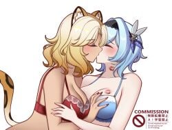 big_ass blue_hair bra charlie_purrito eula_(genshin_impact) genshin_impact hand_on_breast kissing lioness lipstick_mark xilonen_(genshin_impact) yellow_hair yuri