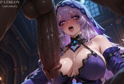 1boy 1girl ai_generated bare_shoulders black_swan_(honkai:_star_rail) blush breasts cleavage dark-skinned_male dark_skin dress hetero honkai:_star_rail huge_penis interracial large_breasts long_hair open_mouth penis precum purple_dress purple_eyes purple_hair solo_focus testicles tongue upper_body vantawaifu veil veins veiny_penis