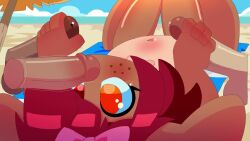 1girls 3boys animated beach beach_background beach_towel blowjob completely_nude completely_nude_female deepthroat female foursome gangbang handjob loop looping_animation lying lying_on_back lying_on_towel male male/male naked nude outdoors outside precum public red_eyes red_hair saliva saliva_on_penis sucking sucking_penis tagme tagme_(character) tear tears vanilla-pete video