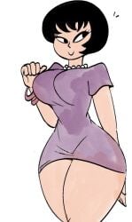 1girls 2010s 2019 2d 2d_(artwork) big_breasts black_hair breasts female female_only honeyboyy jucika jucika_(comic) pearl_necklace png short_hair solo thick_thighs thighs