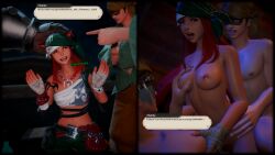 1girl2boys bandana cat_ears cat_tail caught_stealing cowgirl_position dialogue_box double_penetration final_fantasy_xiv miqo'te nude red_hair sex v'kebbe vargoatart