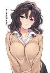 1girl amagami black_hair black_skirt blue_eyes breasts breasts_squeezed_together brown_sweater collared_shirt commentary_request curtained_hair dress_shirt grin hair_between_eyes highres kibito_high_school_uniform large_breasts light_blush long_sleeves looking_at_viewer medium_hair mobukichi paid_reward_available pleated_skirt school_uniform shirt simple_background skirt smile solo sweater tanamachi_kaoru translated upper_body wavy_hair white_background white_shirt