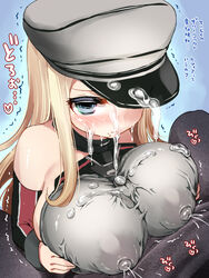 bare_shoulders bismarck_(kantai_collection) blonde_hair blue_eyes blush breast_squeeze breasts cum cum_through_clothes cum_through_clothing erect_nipples facial female hat huge_breasts kantai_collection lactation long_hair male nipples outercourse paizuri paizuri_under_clothes personification puffy_nipples see-through sheer straight suzune_rai trembling