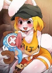 anthro blush boobs brown_body brown_fur bunny carrot_(one_piece) dagasi face_in_breasts fully_clothed hooves imminent_sex imminent_vaginal larger_female male/female one_piece open_mouth open_smile rabbit reindeer reindeer_antlers smaller_male tony_tony_chopper white_body white_fur