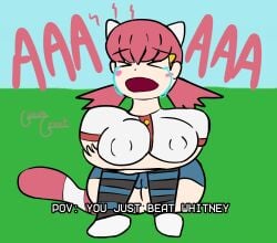 2d big_ass big_breasts cat_ears cat_girl cat_tail catgirl closed_eyes clothed clothed_female crying dialogue english_text guavagrunt holding_legs holding_self huge_ass huge_breasts kemonomimi meme meme_reference nipples_visible_through_clothing nyan_neko_sugar_girls open_mouth pigtails pink_hair pokemon poorly_drawn raku-chan shitpost simple_background sitting text thick_thighs thighs whitney_(pokemon) writing