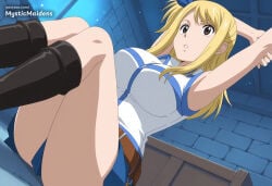 1girl ai_generated anime anime_style armpits arms_up artist_name belt black_footwear blonde_hair blue_ribbon blue_skirt boots breasts brick_wall brown_eyes fairy_tail hentai hi_res indoors knee_boots large_breasts long_hair looking_at_viewer lucy_heartfilia miniskirt mystic_maidens one_side_up parted_lips patreon ribbon shirt sitting skirt sleeveless sleeveless_shirt solo stretching thighs white_shirt