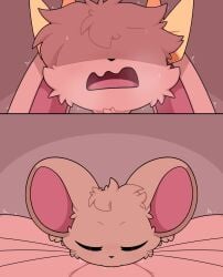 accessory ambiguous_gender blush bodily_fluids bow_accessory brown_body brown_fur deep_throat dominant duo ear_accessory eyes_closed fellatio femboy feral feral_on_feral fluffy fur hi_res house_mouse km-15 lagomorph larger_sub leporid male male/ambiguous mammal mouse murid murine open_mouth oral oral_penetration penetration penile penile_penetration rabbit ribbons rodent scaroused sex simple_background size_difference submissive sweat whiskers yellow_bow yellow_ribbon