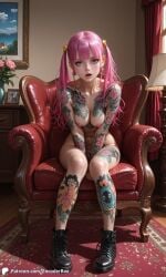 1girls ai_generated boots boots_only breasts chair encoder female indoors inked lamp living_room looking_at_viewer naked naked_female nipples nude nude_female open_mouth plant ponytail punk_girl pussy sitting squeezing_breast tattoo tattoos vagina window