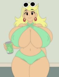 1girl artvi bangs beverage_can bikini blonde_hair cleavage confident curvy green_bikini highres holding_can huge_ass huge_breasts indoors leni_loud long_hair looking_at_viewer massive_ass massive_breasts nickelodeon nickelodeon_animation_studio nicktoons plump simple_background smile solo standing sunglasses_on_head tagme the_loud_house thick_thighs underboob wide_hips