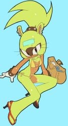 1girls afrosoricid bikini blue_background blue_eyes blush crossed_legs dark-skinned_female dark_skin ear_piercing earrings female_only flat_chest gold_bikini green_fur high_heels idw_publishing kosherea nervous ponytail shy small_breasts solo sonic_(series) sonic_the_hedgehog_(comics) sonic_the_hedgehog_(idw) sonic_the_hedgehog_(series) stitches studded_bracelet surge_the_tenrec surgery_scars sweat white_gloves yellow_bikini