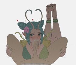 1boy 1girls alien alien_girl barefoot blowjob breasts feet female fuzzlogik green_hair light-skinned_female light_skin male male_pov mantis_(marvel) mantis_(marvel_rivals) marvel marvel_rivals oral soles toes