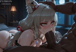 1boy 1girl abs ai_generated all_fours animal_ear_fluff animal_ears artist_name ass bangs bare_shoulders bed blurry_background blush breasts cat_ears catgirl chest_jewel cleavage clothing dark-skinned_male dark_skin erection facial_mark fellatio female grey_hair hand_on_another's_head hetero indoors interracial irrumatio lamp large_breasts large_penis leotard lips long_hair low_twintails male moon muscular muscular_male nia_(blade) nia_(blade)_(xenoblade) nia_(xenoblade) night nude on_bed oral patreon_username penis saliva sex shiny_skin solo_focus sweat testicles twintails vantawaifu veins veiny_penis xenoblade_(series) xenoblade_chronicles_2 yellow_eyes