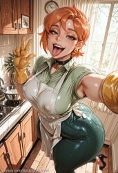 1girl ai_generated apron armpits ass backdoorsenpai big_ass black_eyes breast_focus collar curvy dexter's_laboratory dexter's_mom earrings egao female_focus green_pants green_shirt green_shoes head_out_of_frame high_heels huge_ass mature_female medium_breasts naughty_face naugty_eyes open_mouth orange_hair perky_breasts reaching reaching_towards_viewer selfie short_hair short_sleeves solo teeth thick_thighs thighs tongue tongue_out upper_teeth_only white_apron wide_hips yellow_gloves