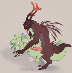 animal_genitalia antlers balls blush bodily_fluids breath duo entwined_tails erection female feral feral_on_feral fur genital_fluids genitals gills grass grinding hair heart_eyes heart_symbol hi_res horn interspecies knot knotted_penis leg_grab looking_pleasured male male/female mammal narrowed_eyes on_grass on_ground panting parsley_(trickate) penis pinned pinned_to_ground plant rain_world scavenger_(rain_world) sex simple_background slugcat tail tail_coil tongue tongue_out trickate videocult vulva