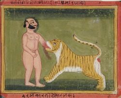 19th_century ancient_art backsack balls biped bite biting_another blood bodily_fluids devanagari_text digitigrade duo facial_hair feet felid feral genitals gore gouache_(artwork) hell hi_res human humanoid_feet humanoid_hands jainism male male_feral male_human mammal mustache nipples nude nude_human nude_male painting_(artwork) pantherine plantigrade pubes public_domain quadruped religion side_view sideburns simple_background standing striped_body stripes tail text tiger torture traditional_media_(artwork) traditional_painting_(artwork) unknown_artist