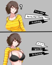 1girls 2koma ? ajcrowned atlus black_bra bra bra_strap brown_eyes brown_hair cleavage english_text female grey_background large_breasts long_sleeves matching_hair/eyes meme persona persona_5 sadayo_kawakami shirt shirt_lift shirt_lifted_by_self short_hair simple_background speech_bubble text