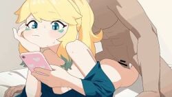 1boy 1girls 2d almost_naked almost_nude animated ass ass_bounce blonde_hair blue_eyes blush blush_lines bottomless bouncing_ass cute cute_face doomscrolling female female_on_bottom green_markings heart light-skinned_female light_skin loop looping_animation lying lying_on_back lying_on_stomach male male/female male_on_top no_sound on_bed phone prone_bone sex sweat sweatdrop tagme tagme_(character) takita_(morokosi8) video yellow_hair