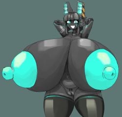 android aqua_eyes arms_behind_head breasts female glowing_nipples hyper hyper_breasts lewdicrousart pussy robot thick_thighs wide_hips