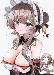 ...? :o blush cleavage genshin_impact large_breasts looking_at_viewer oblivious sandrone sandrone_(genshin_impact) upper_body